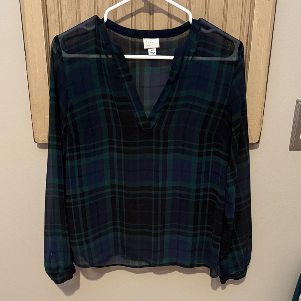 Plaid V-Neck Blouse - Navy and Green